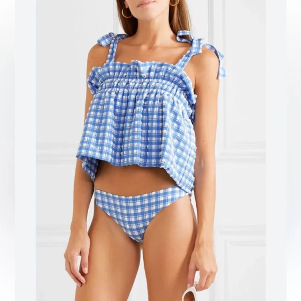 Ganni Murillo Seersucker Crop Top – Blue Plaid Gingham Swimwear, Size M